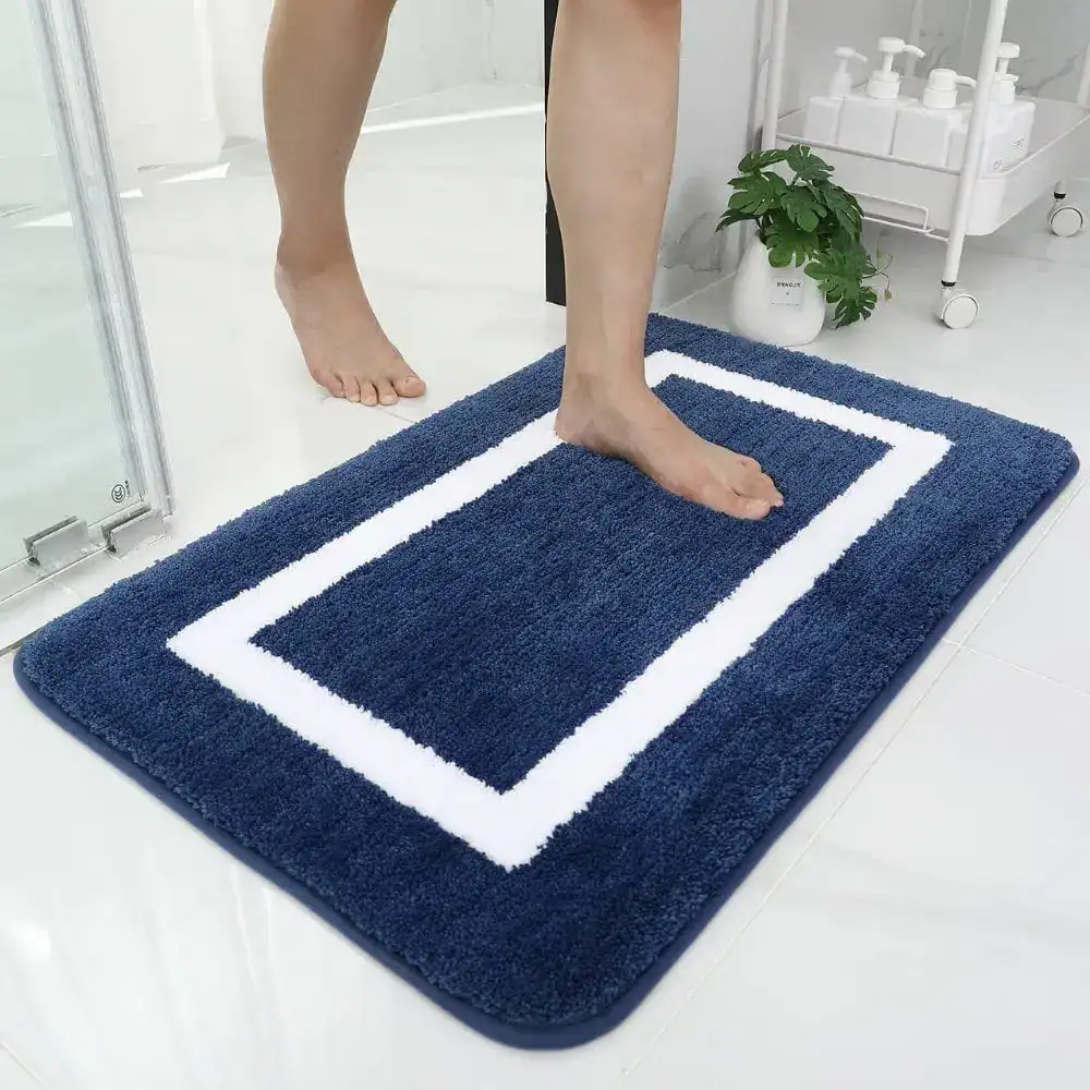Badezimmerteppich Groß Waschbar blau-weiß, weicher Fleece-Teppich für Bad und Dusche.