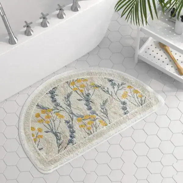 Halbrund Badezimmerteppich mit Blumenmuster, Badematte für Dusche oder Badewanne.
