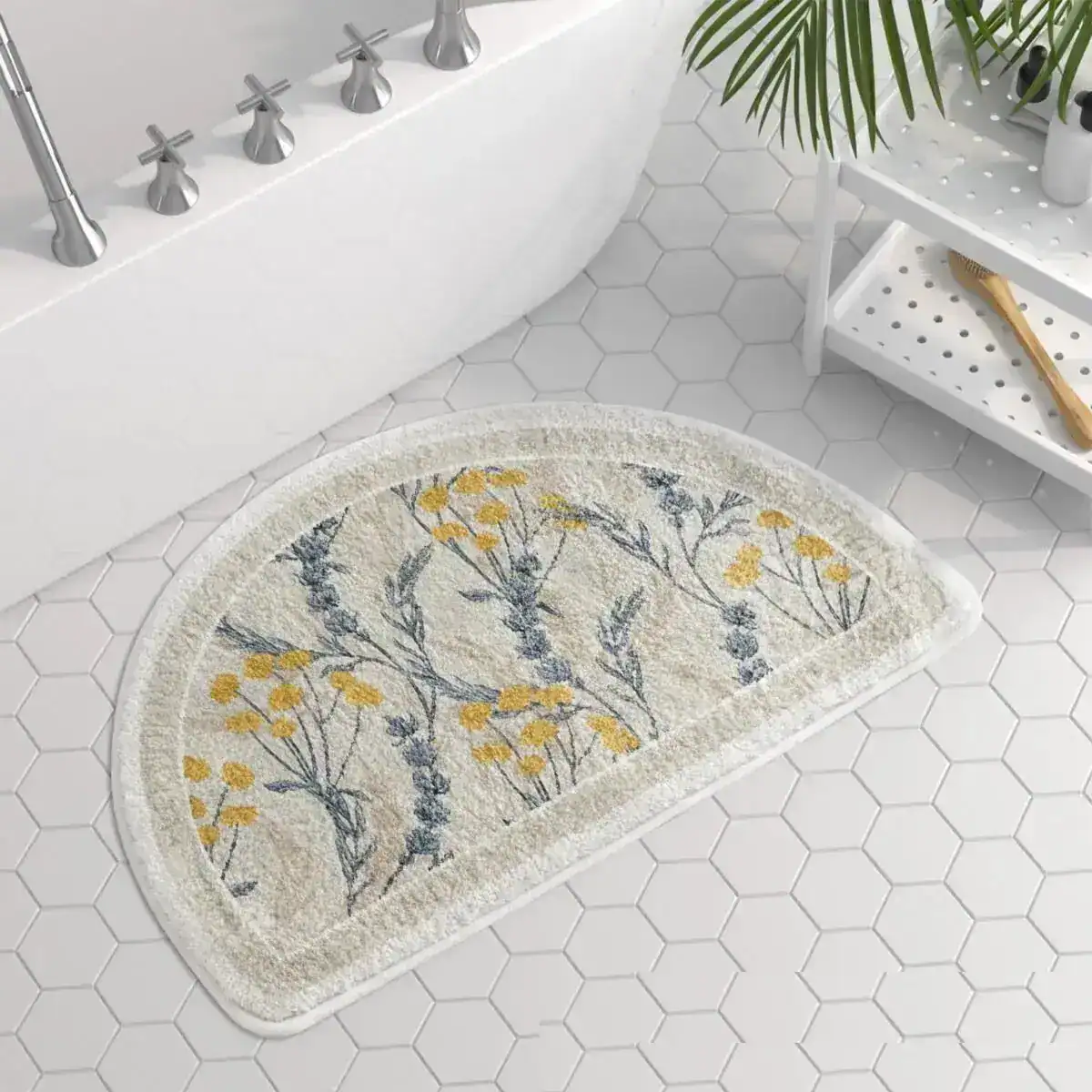 Halbrund Badezimmerteppich mit Blumenmuster, Badematte für Dusche oder Badewanne.