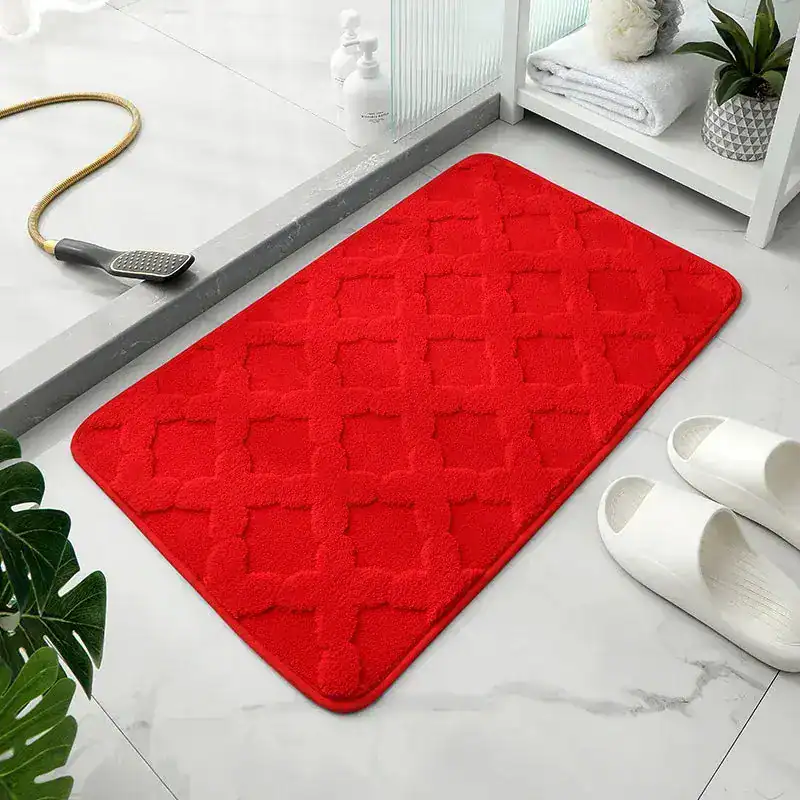 Rot Microfaser Badezimmerteppich mit Muster, Badematte für Duschbereich.