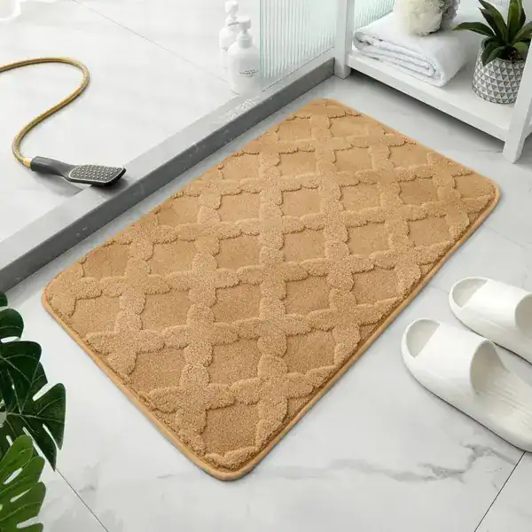Badezimmerteppich Microfaser mit geometrischem Muster, beige, für Bad und Dusche.
