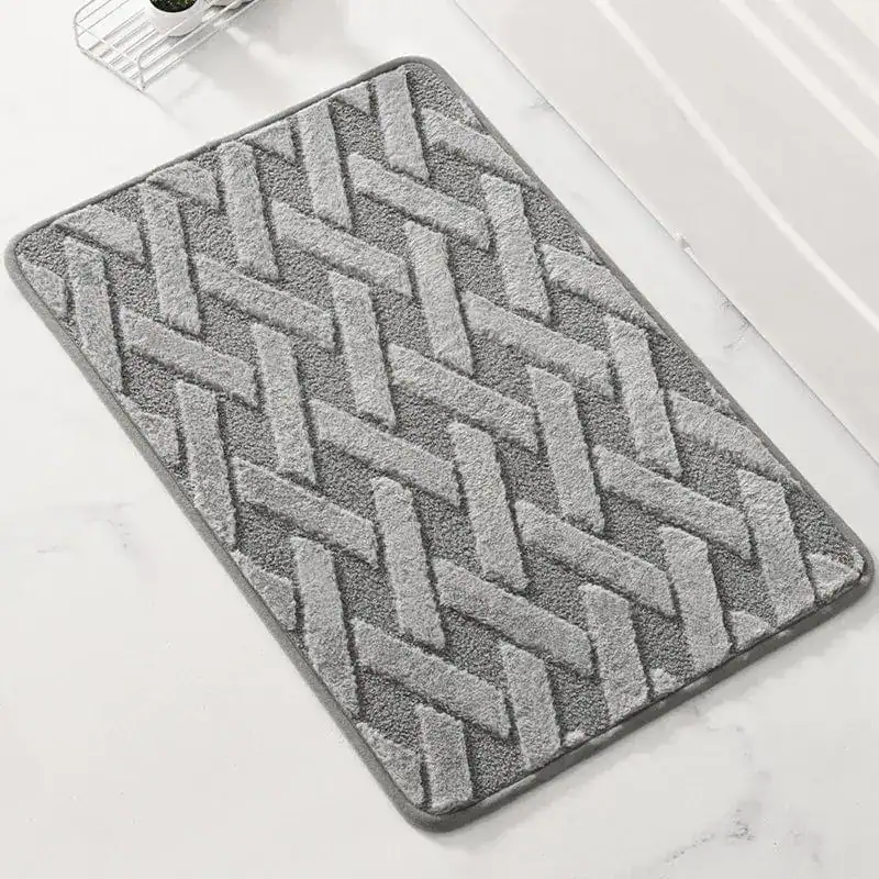Grauer Badezimmerteppich mit geometrischem Muster, Komfort Badematte für Dusch- und Badbereich.