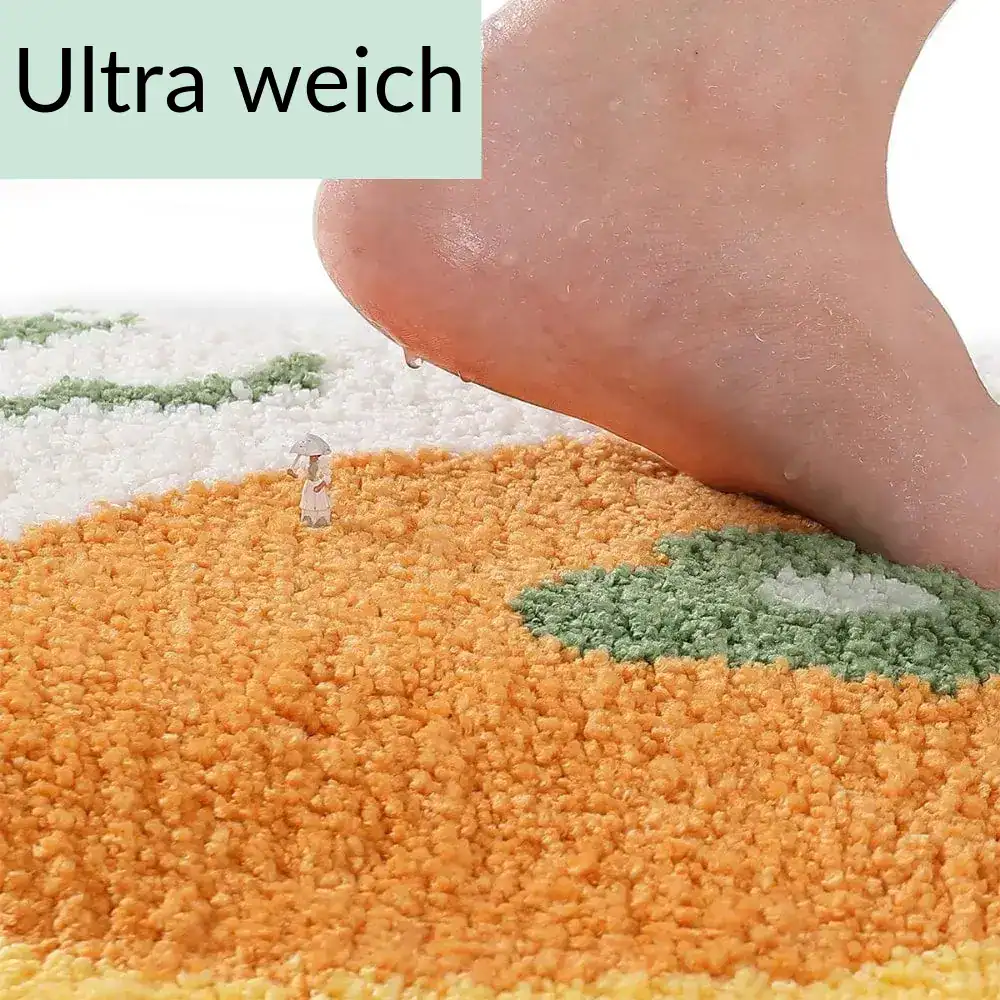 Orange Badezimmerteppich mit Karotte-Motiv, weicher Fußbodenbelag für Bad.