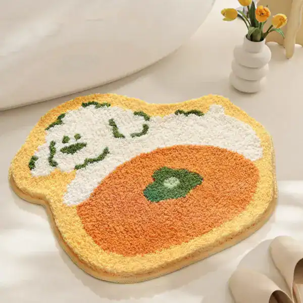 Orange Badezimmerteppich mit Frucht-Motiv, weicher Badematte für Duschbereich.