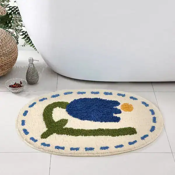 Ovaler Badezimmerteppich mit Blumenmotiv, Badematte für Dusche oder Badewanne.