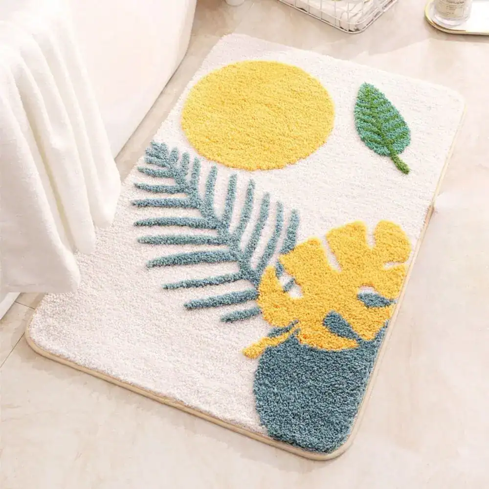 Skandinavischer Badezimmerteppich mit tropischen Blättern und Sonne, weicher Hochflor-Teppich für Bad.