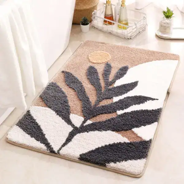 Skandinavischer Badezimmerteppich mit Blattmotiv, weicher Faser, modernes Design.