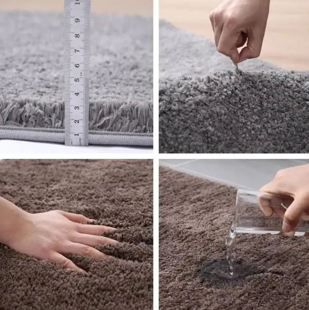XXL Badezimmerteppich in Grau und Braun, weicher Flor, wasserabweisend, Maßnahme mit Lineal gezeigt.