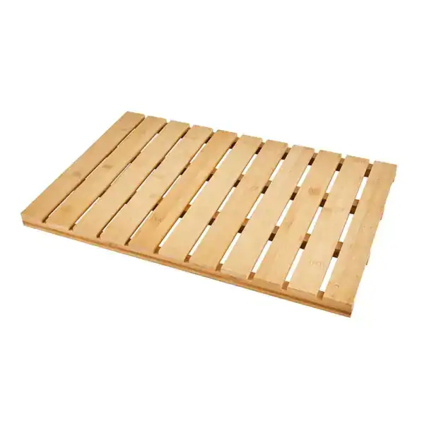 Bamboo Badteppich mit Holzstreifen für trocknende Füße und natürliche Badezimmer-Ausstattung.