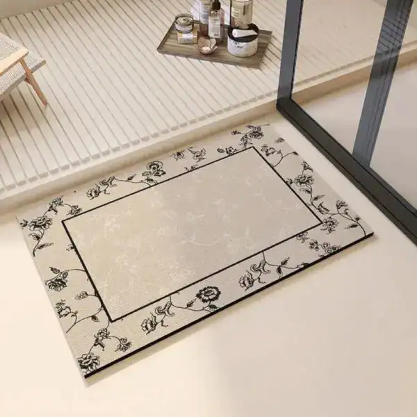 Barock-Stil Badteppich mit floraler Bordüre, ideal für Badezimmer und Dusche.