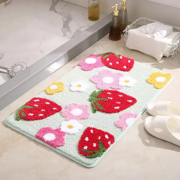 Badteppich Beere mit Erdbeeren und Blumen, weicher Badematte für Dusche oder Bad.