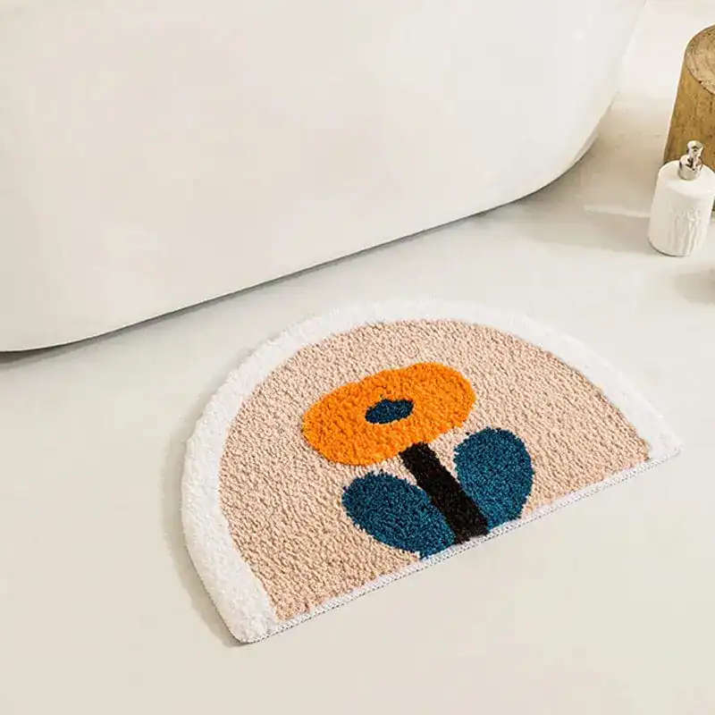 Badteppich mit Blumenmuster, halbrund, bunt, für Bad und Dusche.