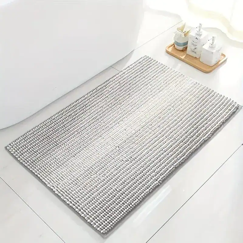 Badteppich Chenille grau, strukturiert, für Badezimmer, rutschfest, weich.