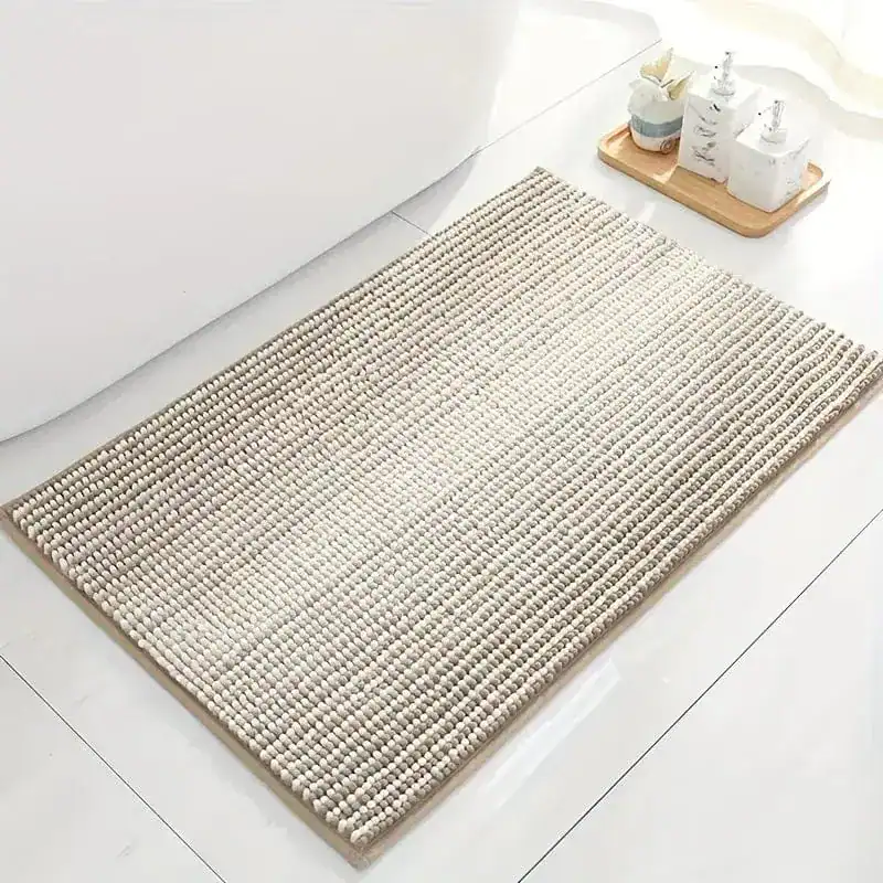 Badteppich Chenille in Beige mit strukturiertem Muster, ideal für Bad und Dusche.