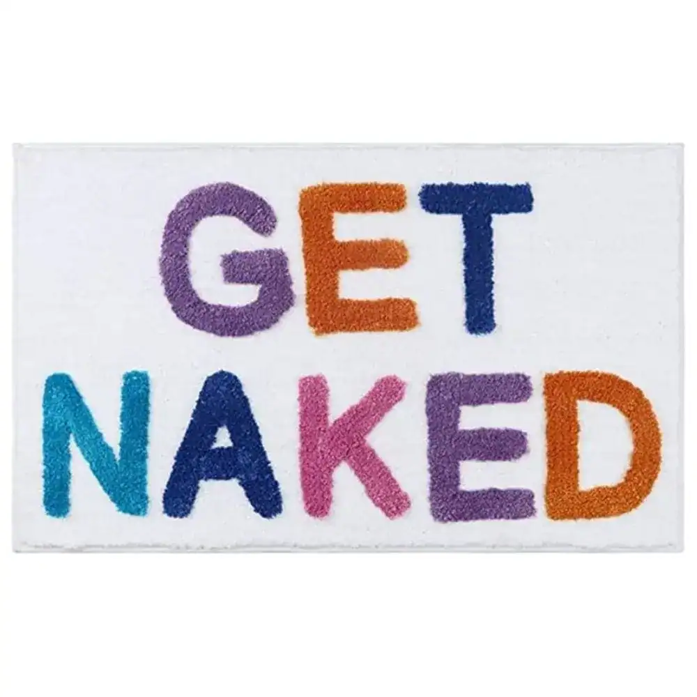 Badezimmer-Teppich mit buntem 'GET NAKED'-Schriftzug, Komfort Badematte.