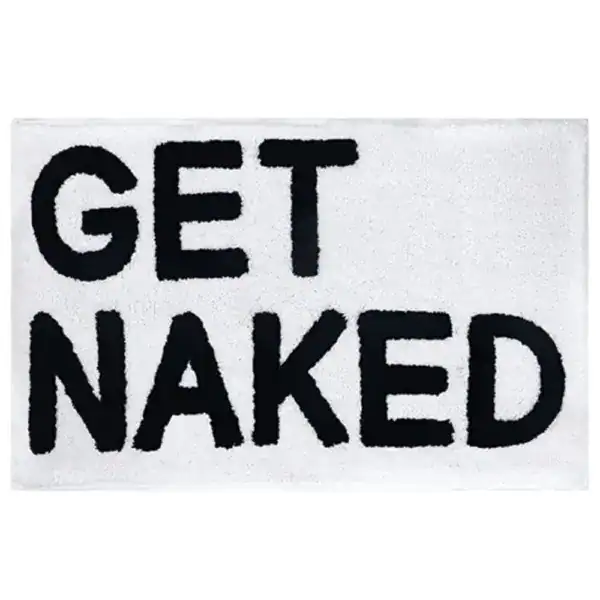 Badteppich mit Aufschrift 'GET NAKED' in schwarz auf weißem Untergrund.