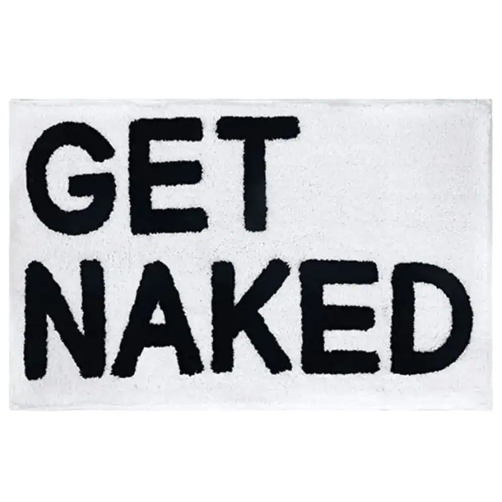 Badteppich mit Aufschrift 'GET NAKED' in schwarz auf weißem Untergrund.