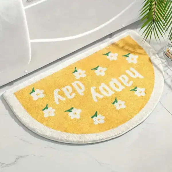 Happy Badematte mit Blumenmotiv und gelbem Design für Badezimmer.