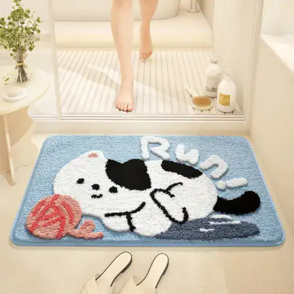 Badteppich Katze mit Cartoon-Motiv, blau, flauschig, für Badezimmer.