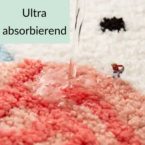 Ultra absorbierender Badteppich mit Katzenmotiv, Wasser wird sofort aufgenommen.