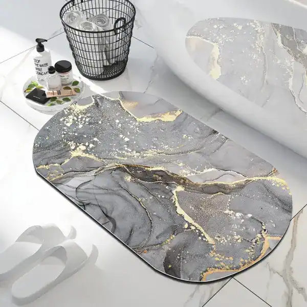 Badteppich Marmoroptik grau-gold, modernes Design für Badezimmer.