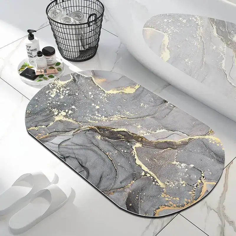Badteppich Marmoroptik grau-gold, modernes Design für Badezimmer.