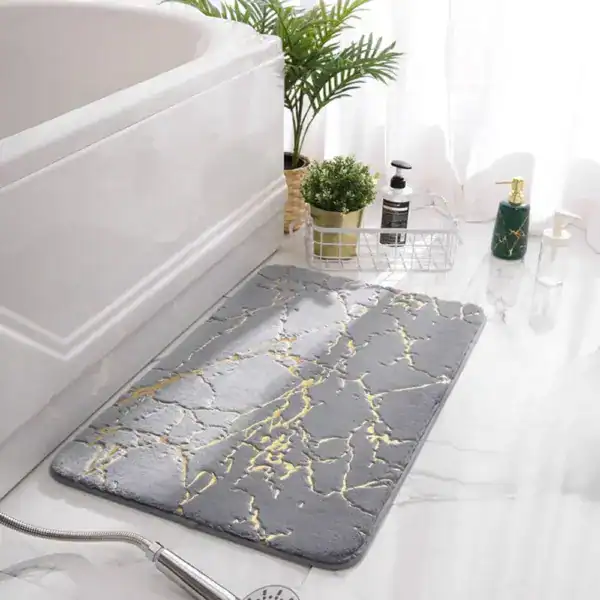 Badteppich Marmor Optik grau-gold, rutschfest, für Bad und Dusche.