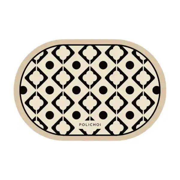 Ovaler Badteppich mit geometrischem Muster, schwarz-creme.