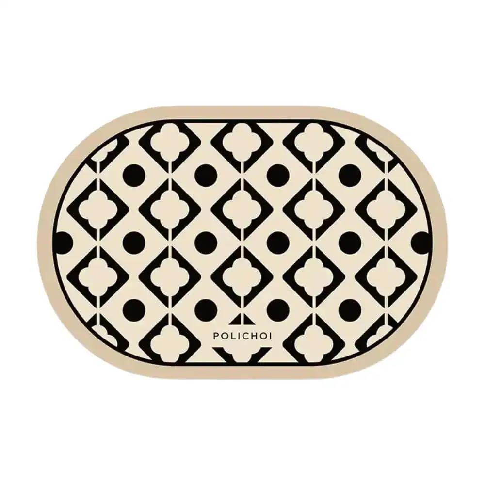 Ovaler Badteppich mit geometrischem Muster, schwarz-creme.