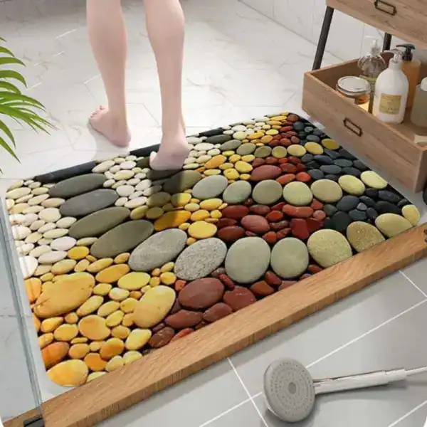 Badteppich Steinmotiv, farbenfrohe Steine, rutschfest, Badematte für Dusche und Bad.