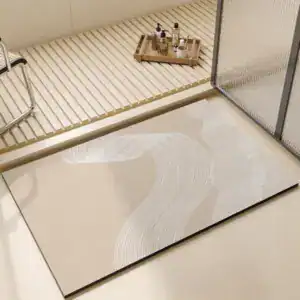 Beige Badvorleger mit modernem Wellenmuster für stilvolle Badezimmergestaltung.