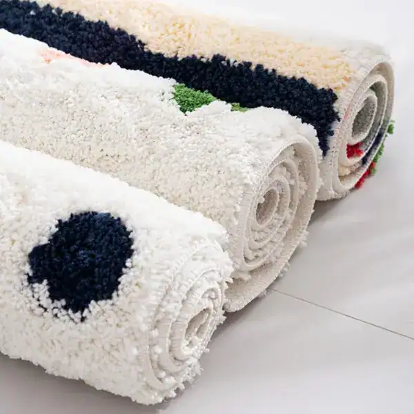 Bunte Komfort Badematte in Rollen, weich und flauschig für Badezimmer.