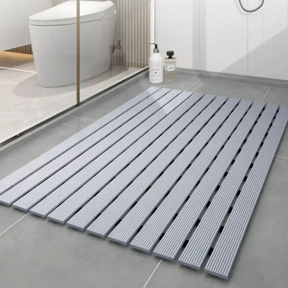 Duschmatte Holzoptik grau, rutschfest, Badematte mit Struktur für moderne Badezimmer.