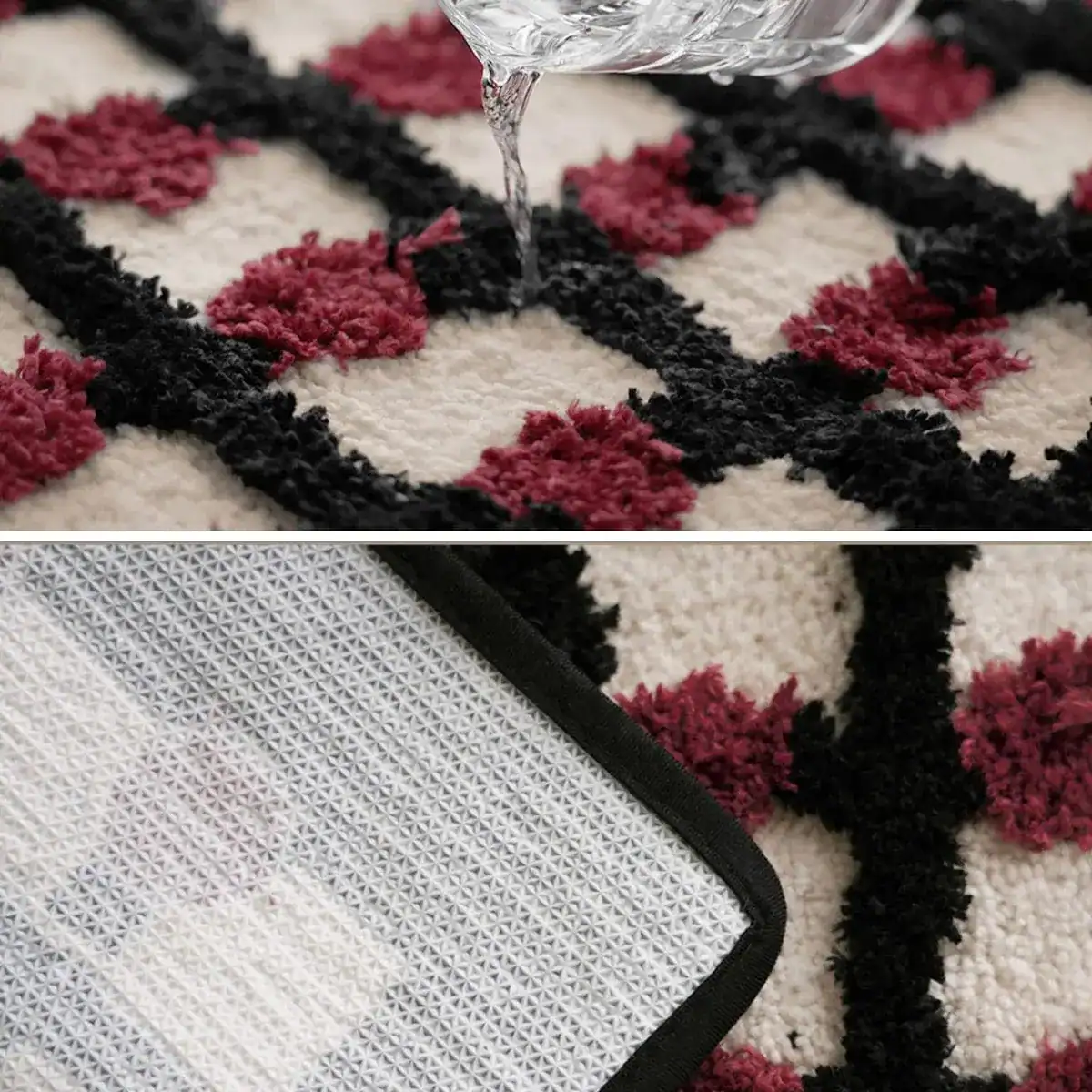 Geometrische Badematte mit roten und schwarzen Mustern, Wasserablauf und rutschfester Unterseite.