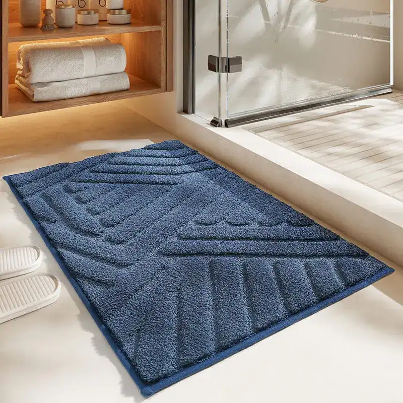 Großer Badteppich Badezimmer, blau, geometrisches Muster, Anti-Rutsch-Flauschmatte.