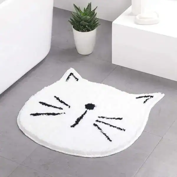 Katzen Badematte, weiß, flauschig, Katzenmotiv, Badezimmermatte, Haustierfreundlich.