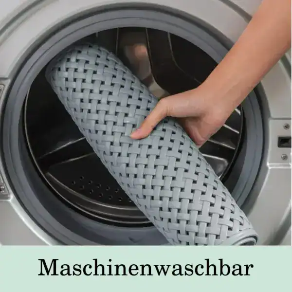 Gewebte Duschmatte in Waschmaschine, waschbar und pflegeleicht.