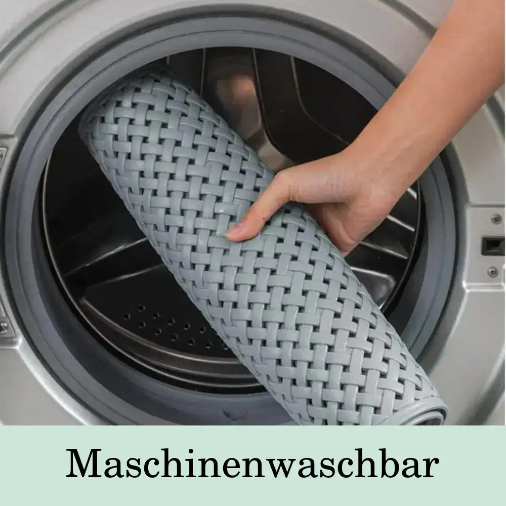 Gewebte Duschmatte in Waschmaschine, waschbar und pflegeleicht.