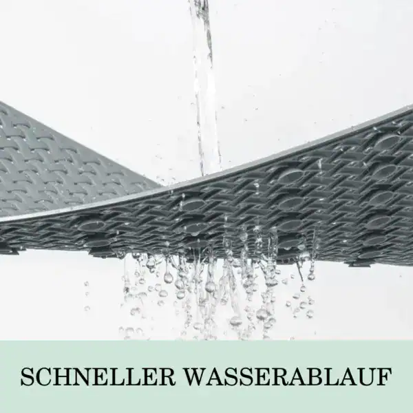Duschmatte mit schneller Abwassерung, Wasser tropft durch perforierte Oberfläche.