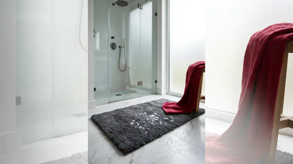 Graue Komfort Badematte mit Wasserflecken vor Dusche, rote Handtuch daneben.