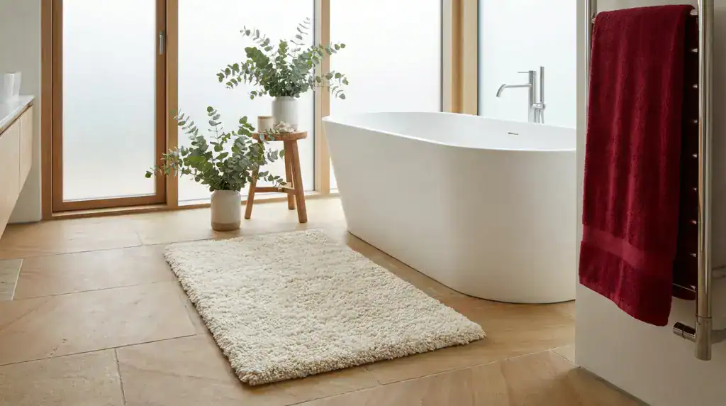 Weiche Komfort Badematte in Creme für stilvolle Badezimmer, flauschig und rutschfest.