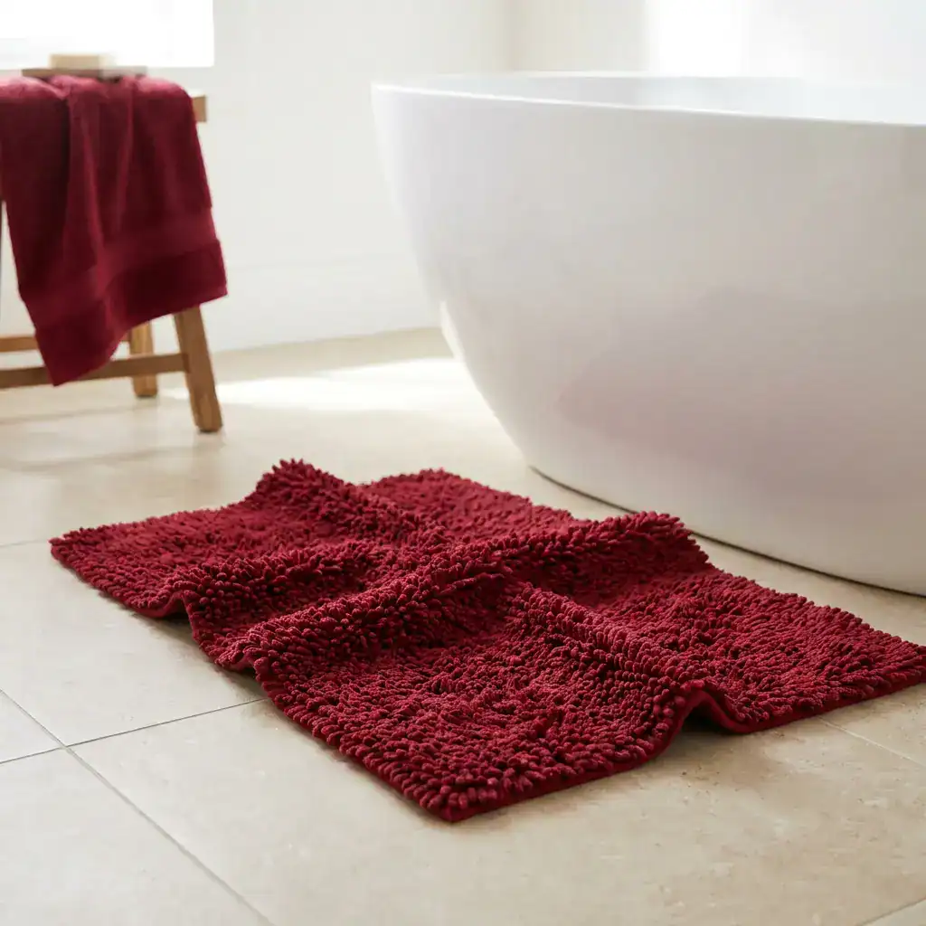 Komfort Badematte rot, flauschig und weich, ideal für Badezimmer mit freistehender Badewanne.