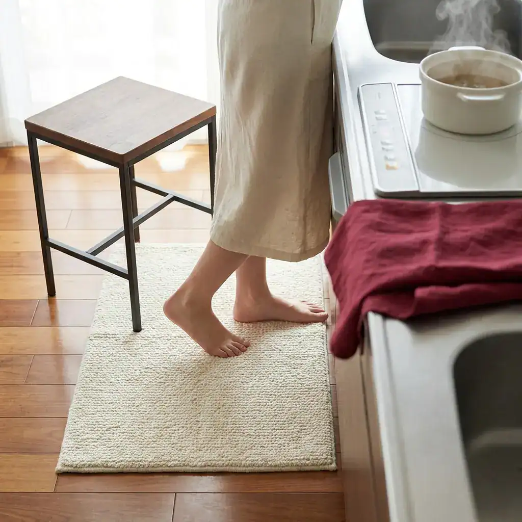 Komfort Badematte in Beige, weich und rutschfest, ideal für Badezimmer und Küche.