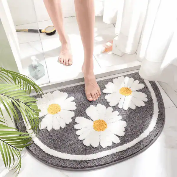 Originelle Badematte mit Daisy-Motiv, grau-weiß, rutschfest für Badezimmer.