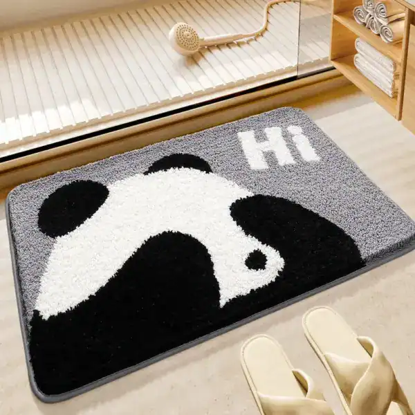 Panda Badezimmerteppich mit 'Hi'-Aufschrift, flauschig, Badematte für Duschbereich.