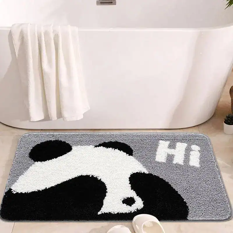 Panda Badezimmerteppich mit 'Hi'-Aufschrift, flauschig, Badematte für Dusch- und Badewannenbereich.