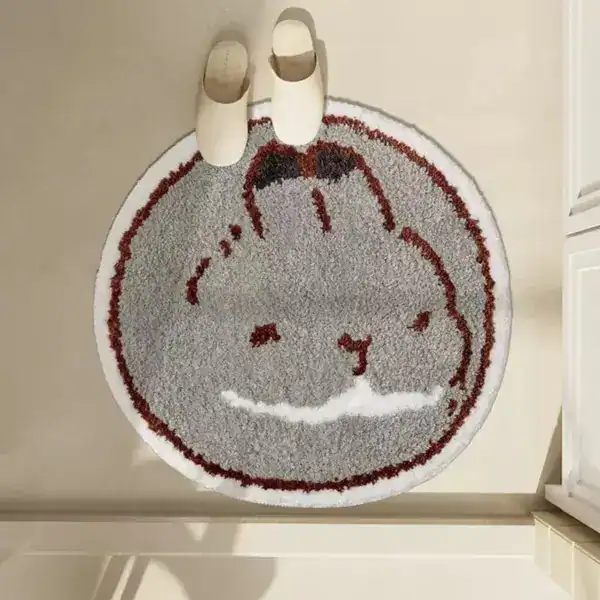 Runder Badteppich mit Hasenmotiv, weicher Faserstoff, ideal für Badezimmer.