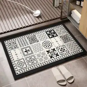 Vinyl Teppich Badezimmer mit geometrischem Muster, schwarz-weiß, rutschfest, Badematte für Duschbereich.