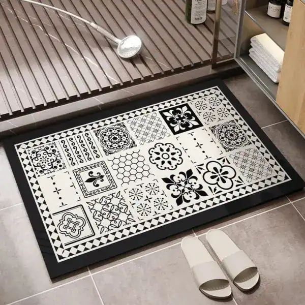 Vinyl Teppich Badezimmer mit geometrischem Muster, schwarz-weiß, rutschfest, Badematte für Duschbereich.