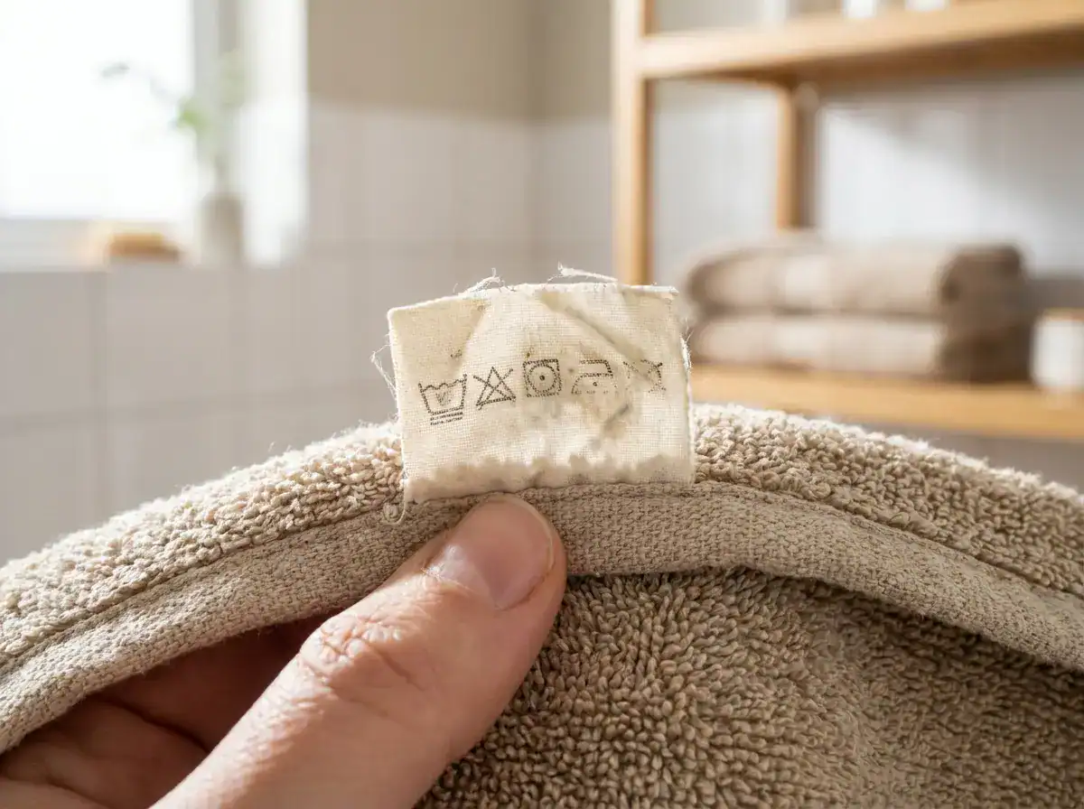 Pflegeetikett einer Badematte mit Waschsymbolen zwischen den Fingern gehalten